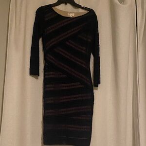 Elegant Navy Blue  and Brown Striped Dress